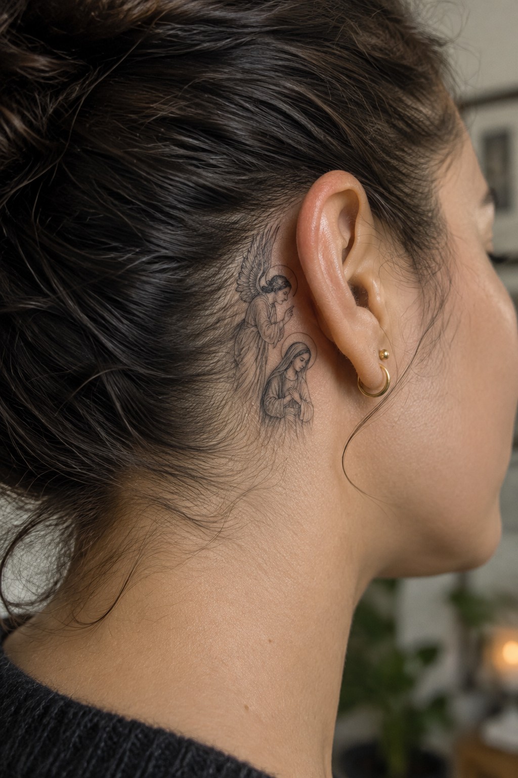 Dark-haired woman shows black-ink angel and saint tattoo behind ear with gold hoop.