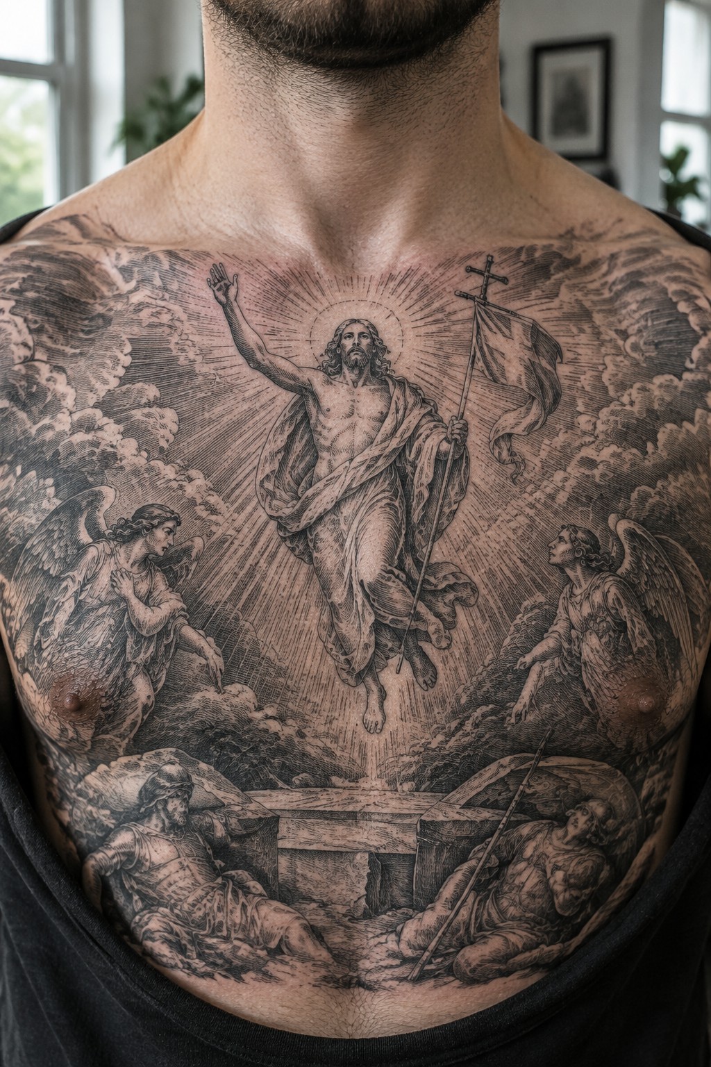 Black and grey engraving style tattoo covering a man's chest with Jesus ascending amid clouds and angels above Roman soldiers at an empty tomb