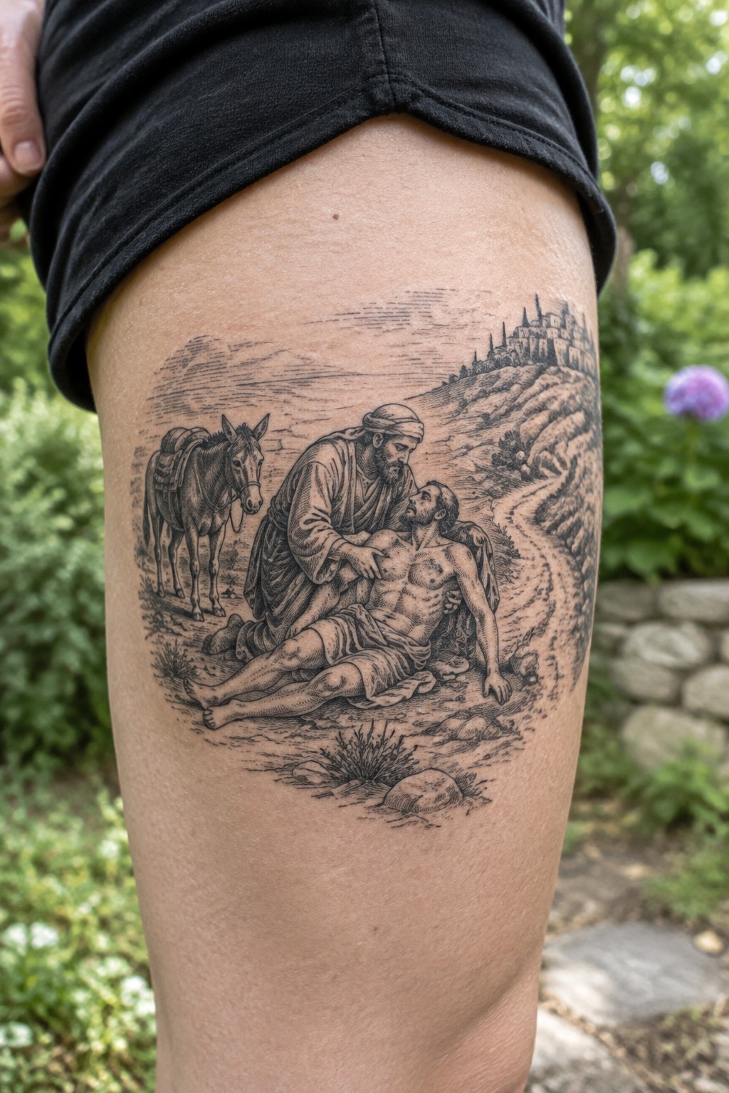 Detailed black-and-gray tattoo on thigh showing robed man aiding injured figure beside donkey and city.