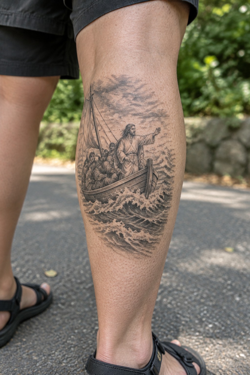 Leg tattoo of Jesus with arm raised in boat on stormy waves.