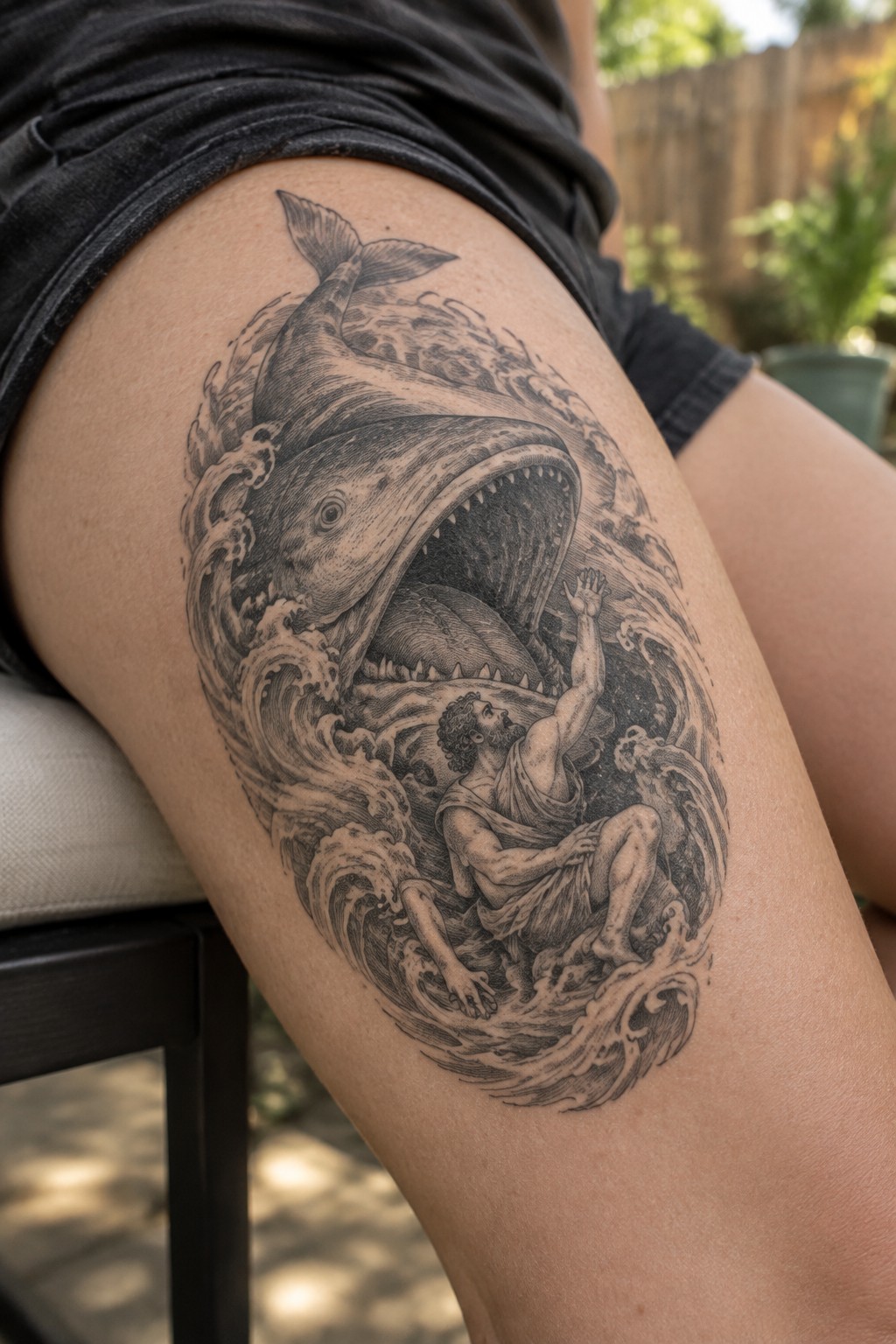 Black and grey engraving style tattoo on the thigh showing jonah and the whale with large waves and a biblical scene.