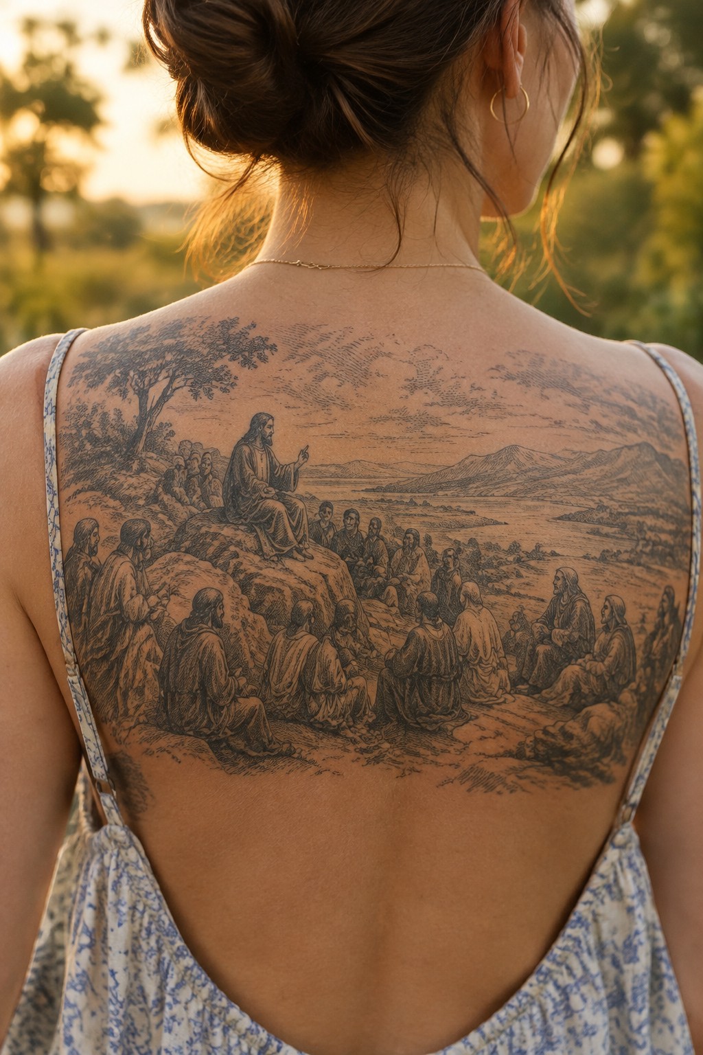 Woman's back with large tattoo of Jesus teaching disciples on rocky hillside, floral dress.