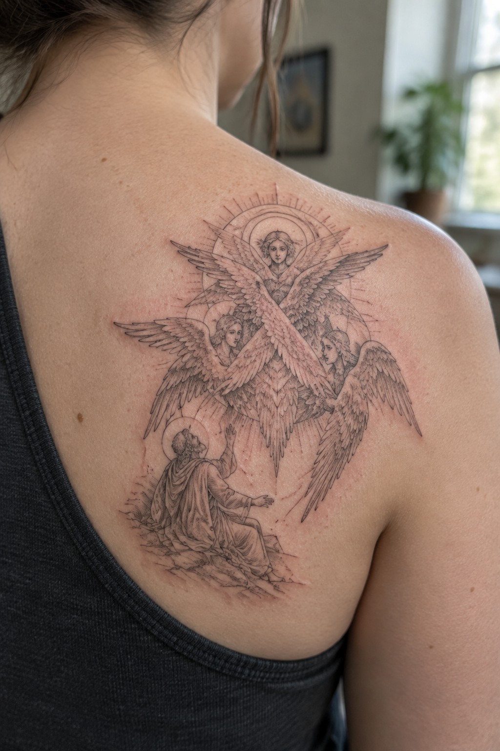 Black and grey engraving style tattoo on upper back showing several winged angels with halos above a kneeling robed figure