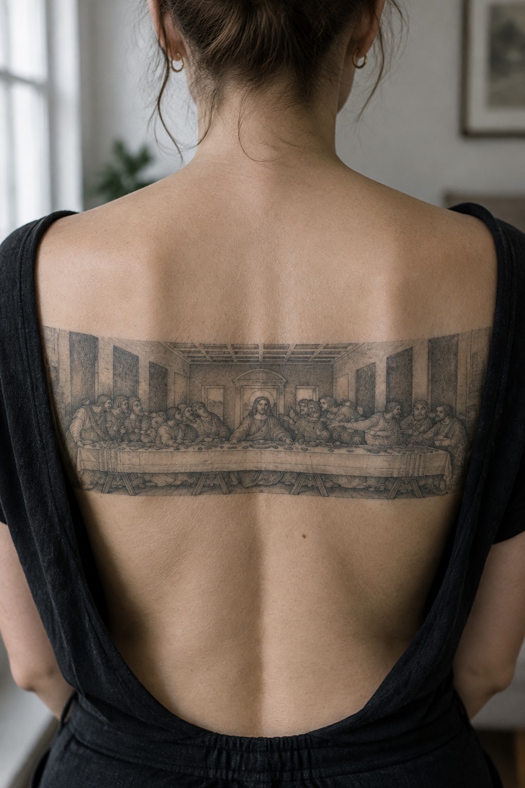 Woman's upper back with large grayscale Last Supper tattoo beneath black open-back top.
