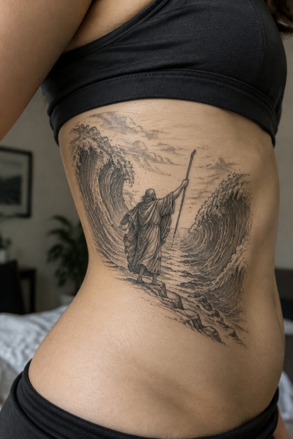 Detailed black-and-gray tattoo of robed figure with staff parting large waves on torso.