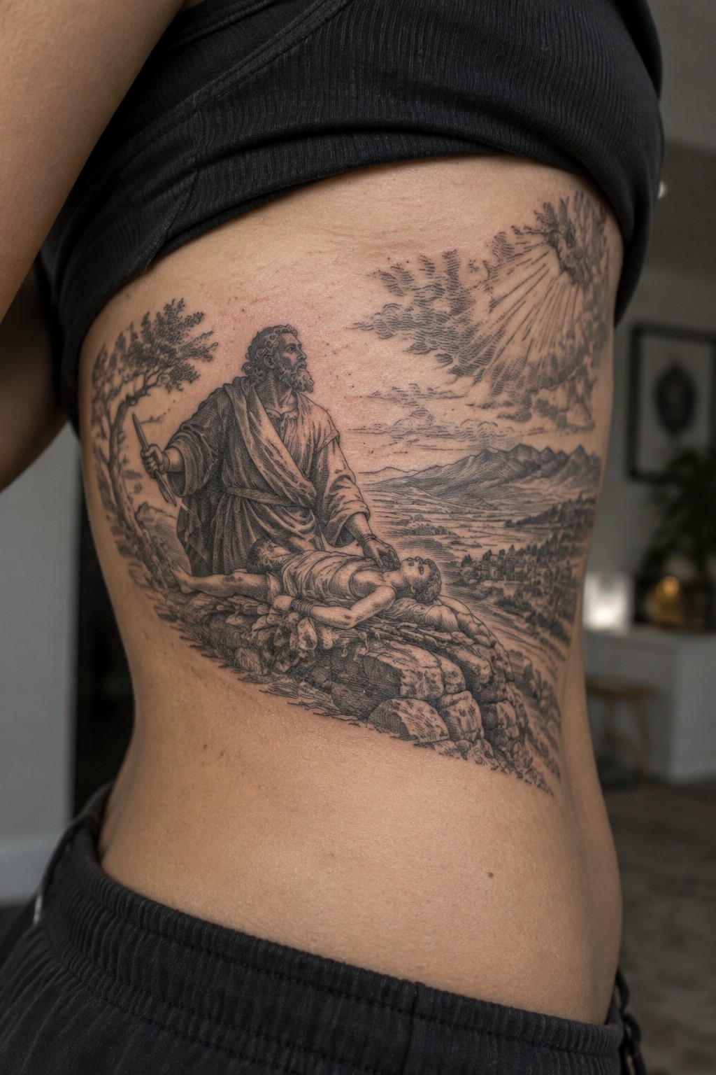 Detailed black ink tattoo on side showing robed bearded man touching youth in rocky landscape