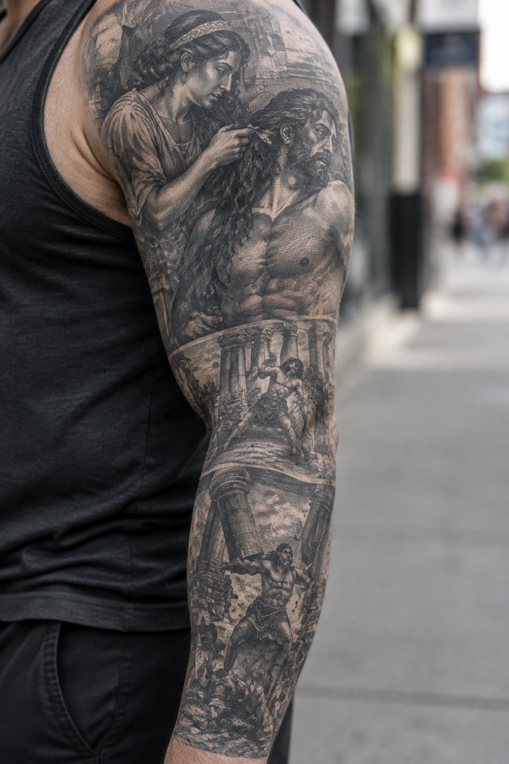 Black and gray tattoo sleeve on arm showing Delilah braiding Samson's hair above temple collapse.
