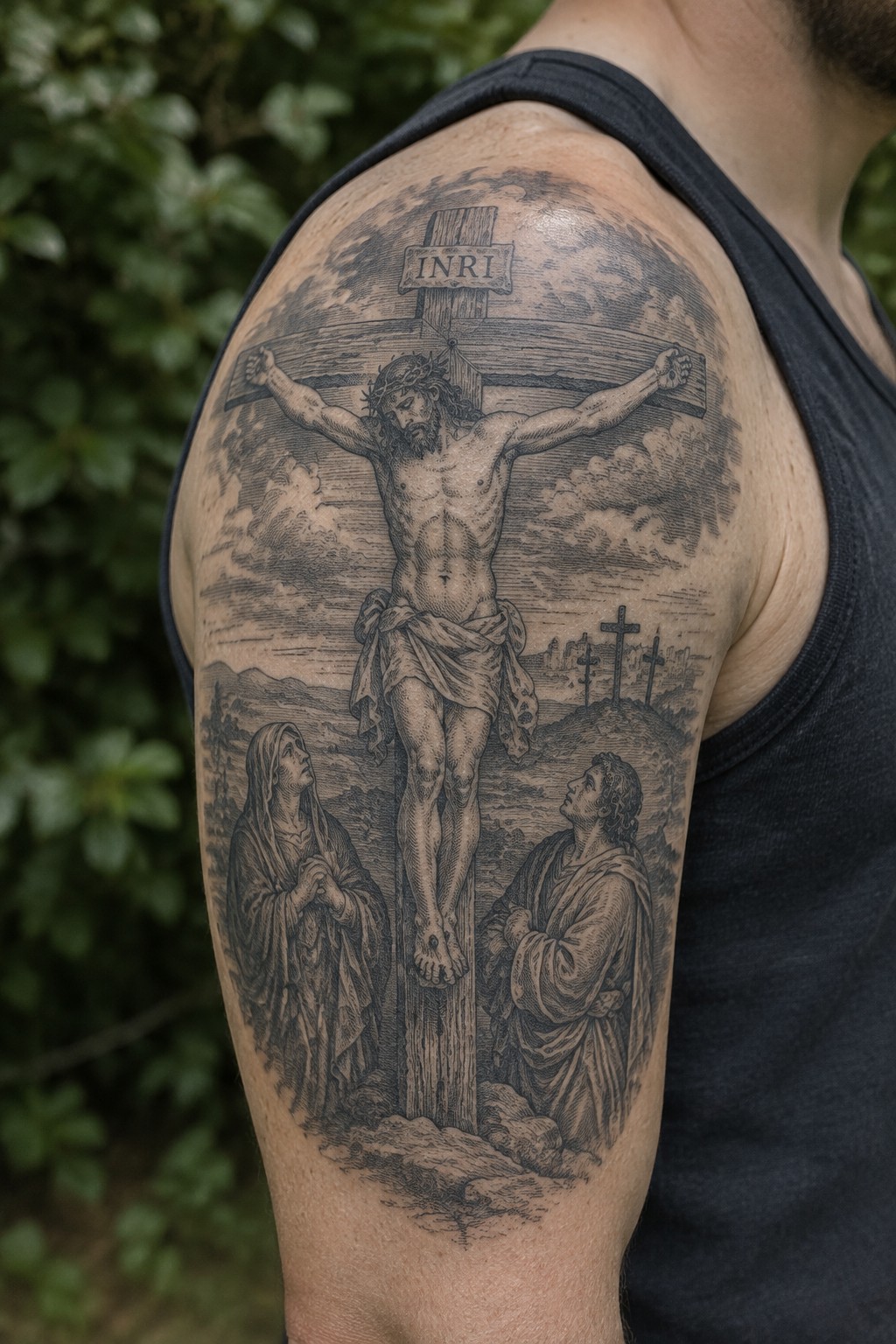 Black and gray tattoo of Jesus crucified with two robed figures on shoulder