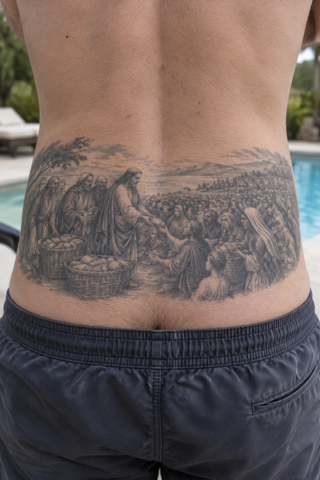 Large black and grey engraving style tattoo on a person's lower back showing Jesus feeding a crowd with baskets of bread, based on the biblical feeding of the multitude scene.