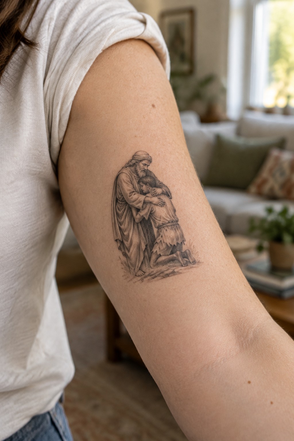 Realistic black ink tattoo on arm of Jesus embracing kneeling child