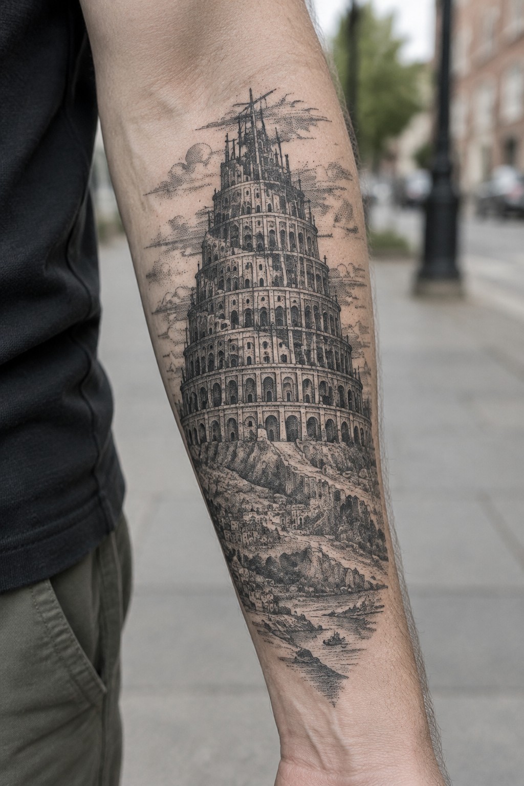 black and grey engraving style tattoo of the tower of babel covering a forearm, with the tall structure on a hillside and landscape details below