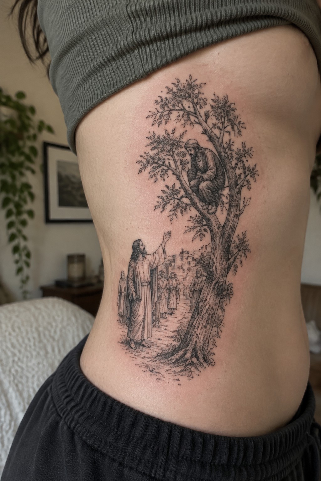 Black and white tattoo of Jesus reaching up to man in tree with robed figures.