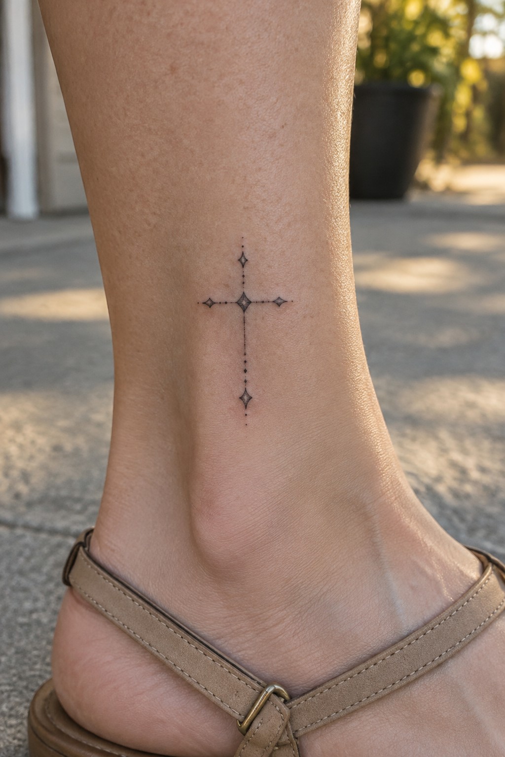 Small fine-line black cross tattoo with dotted and star-like details on the inner ankle above a tan sandal.
