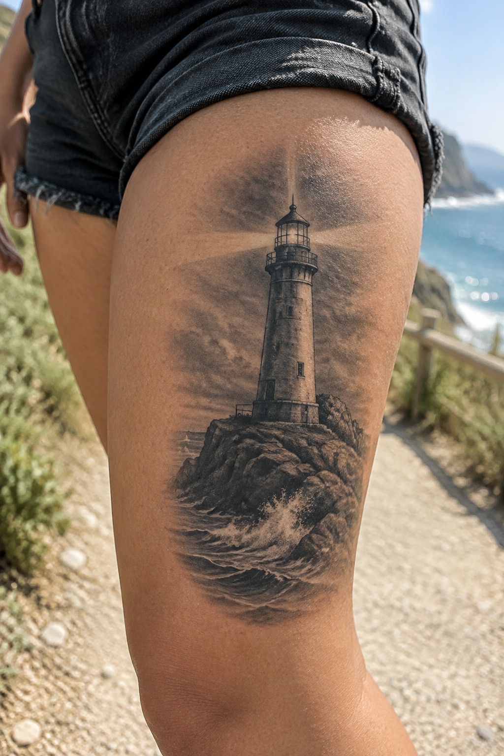Black-and-gray lighthouse tattoo with storm clouds, rocky shore, and crashing waves on the outer thigh.