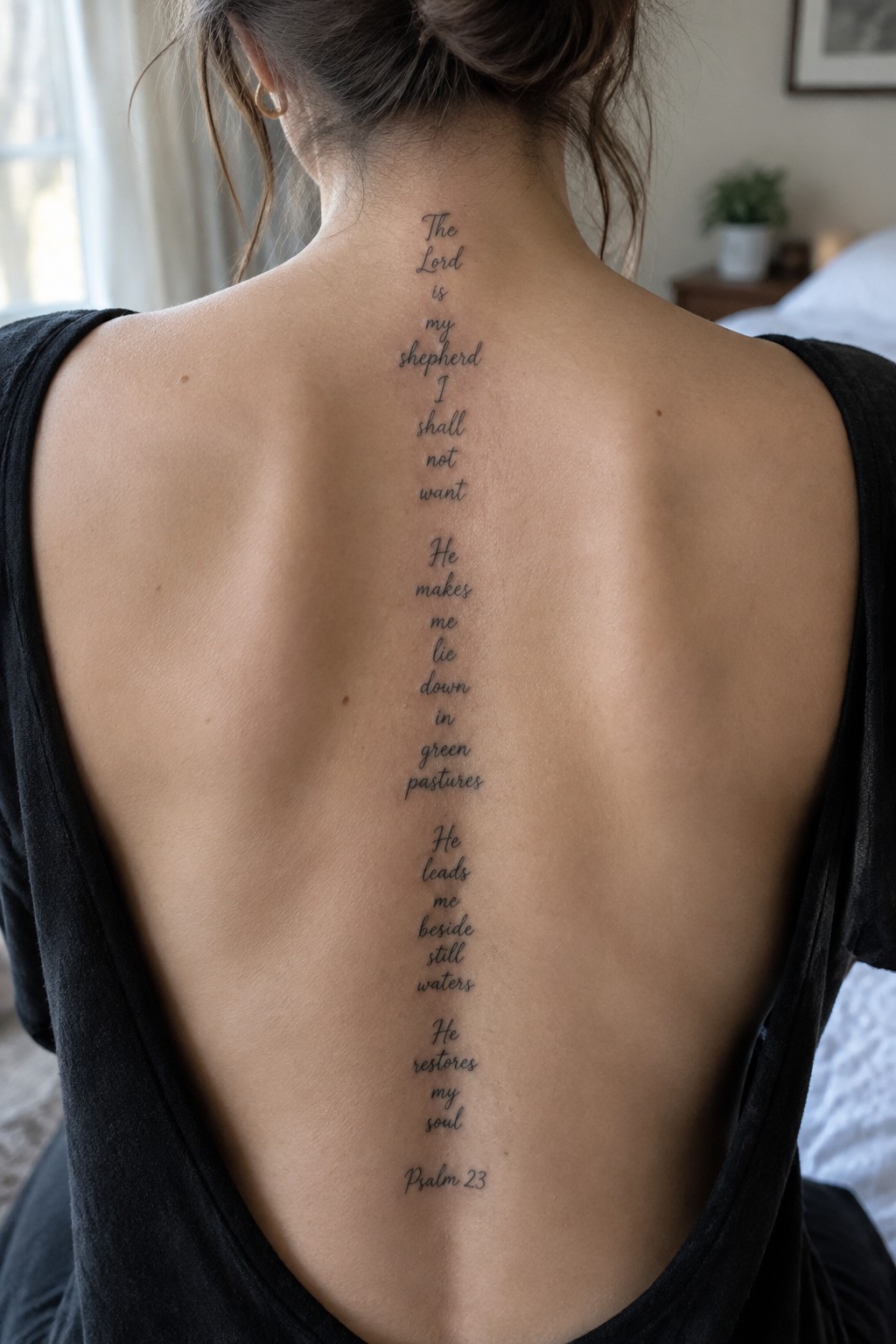 Woman with a long cursive Psalm 23 tattoo running down the center of her back.