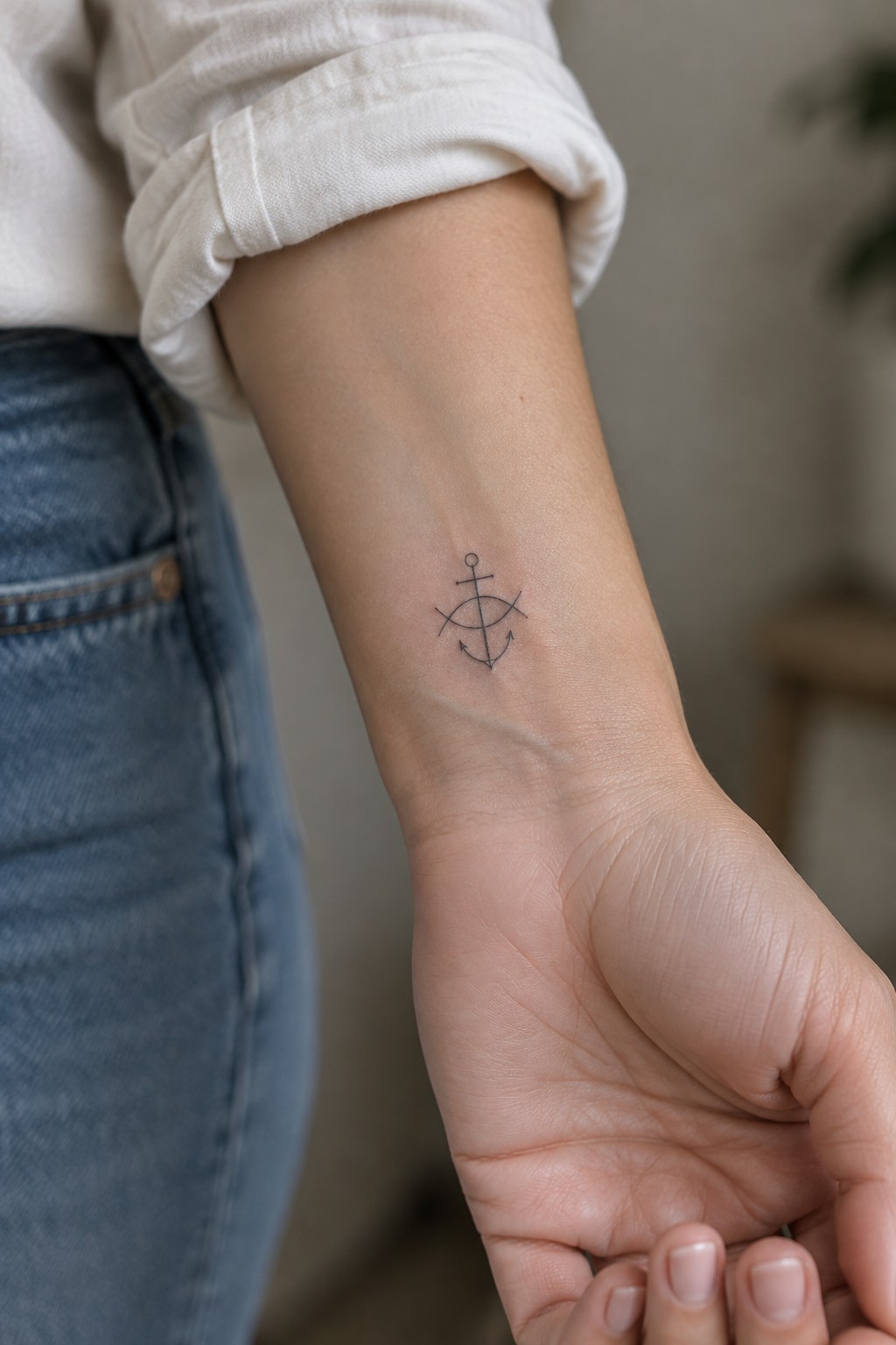 Small fine-line anchor tattoo on the inner wrist, featuring a circle and curved line details.