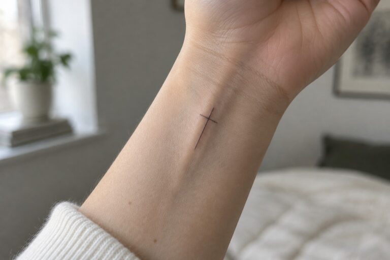 24 Inspiring Meaningful Christian Tattoos for Women Centered Around Faith and Hope Small fine-line black cross tattoo on the inner wrist of a forearm.