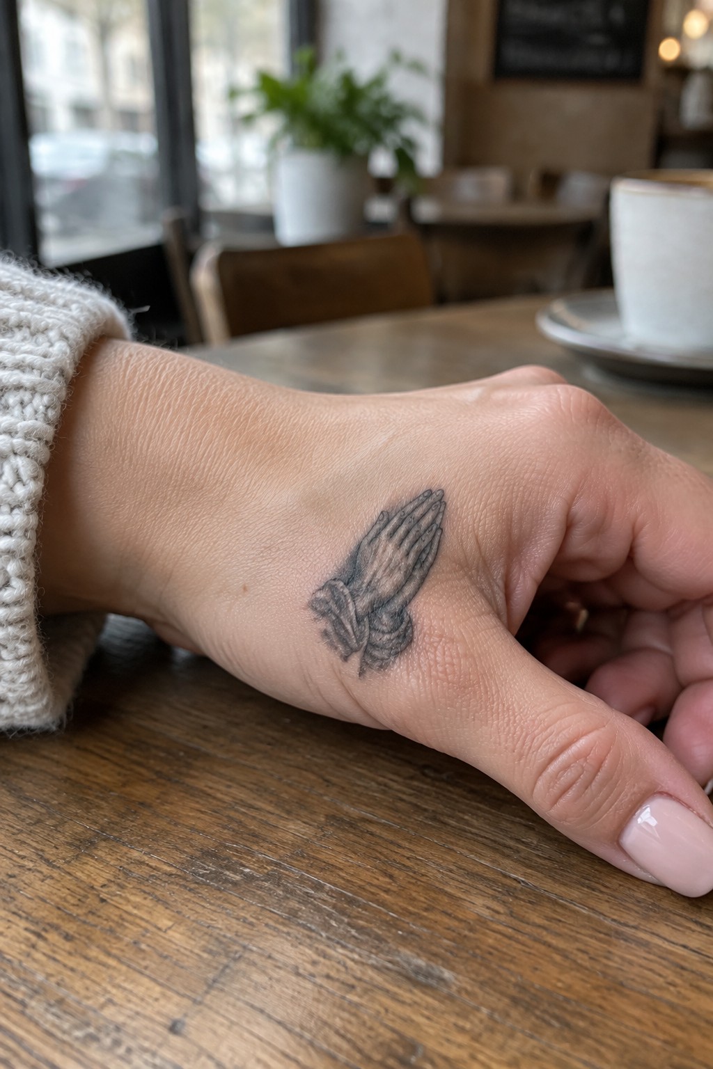 Small black and gray tattoo of praying hands on the side of a woman’s wrist.