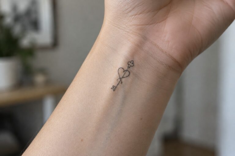24 Meaningful Tiny Tattoos for Women Featuring Symbols of Love, Strength, and Hope Small fine-line tattoo of a heart attached to a key on the inner wrist.