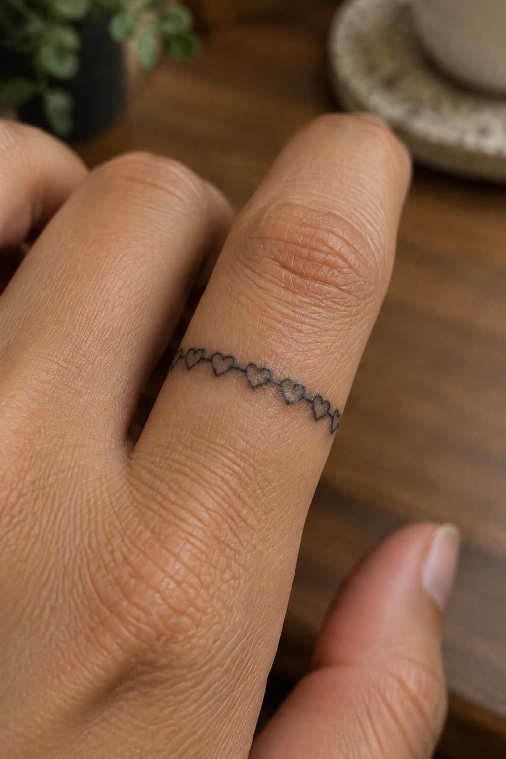 A row of tiny outlined hearts forms a band around a finger.