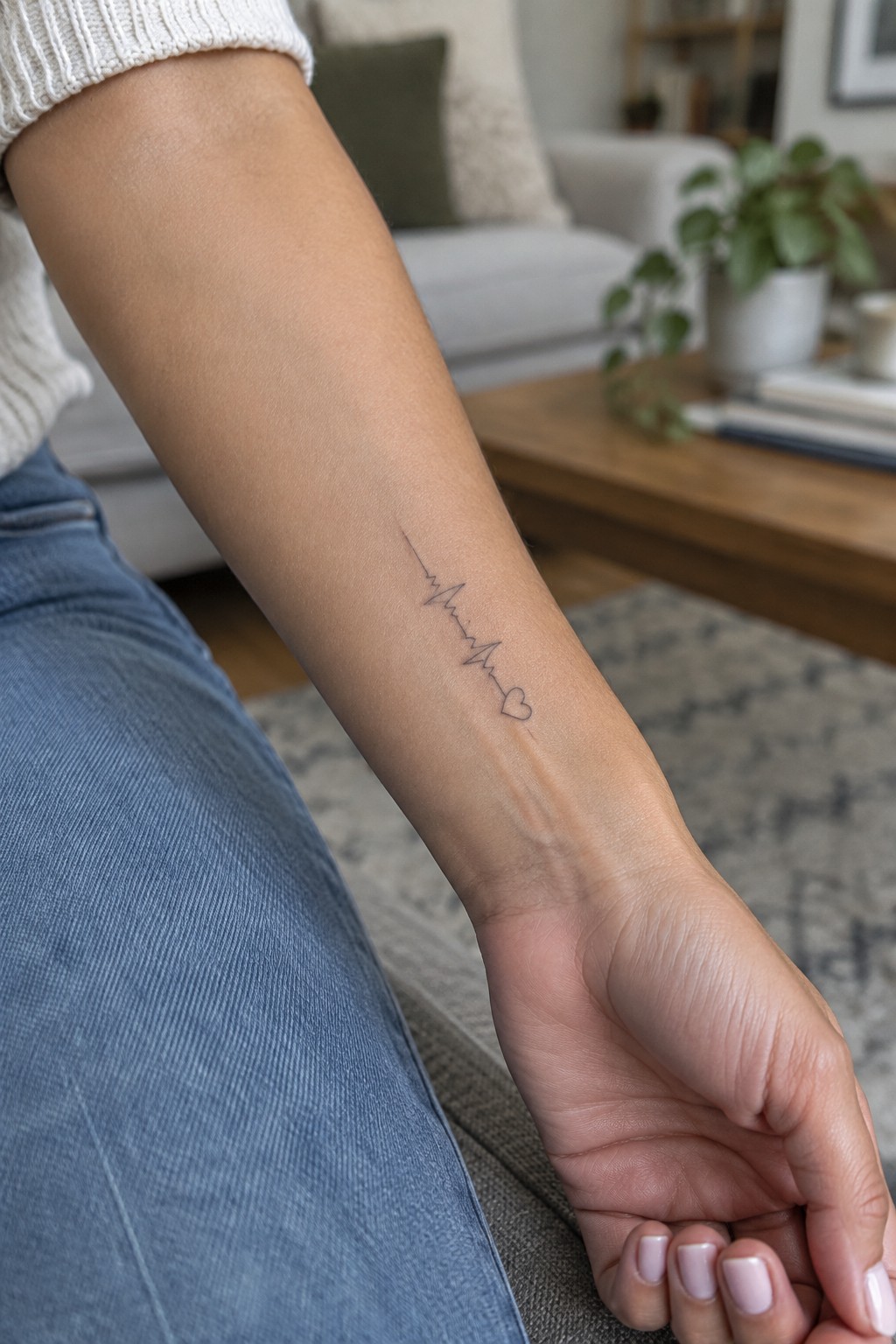 Small fine-line heartbeat tattoo ending in a heart on the inner forearm.