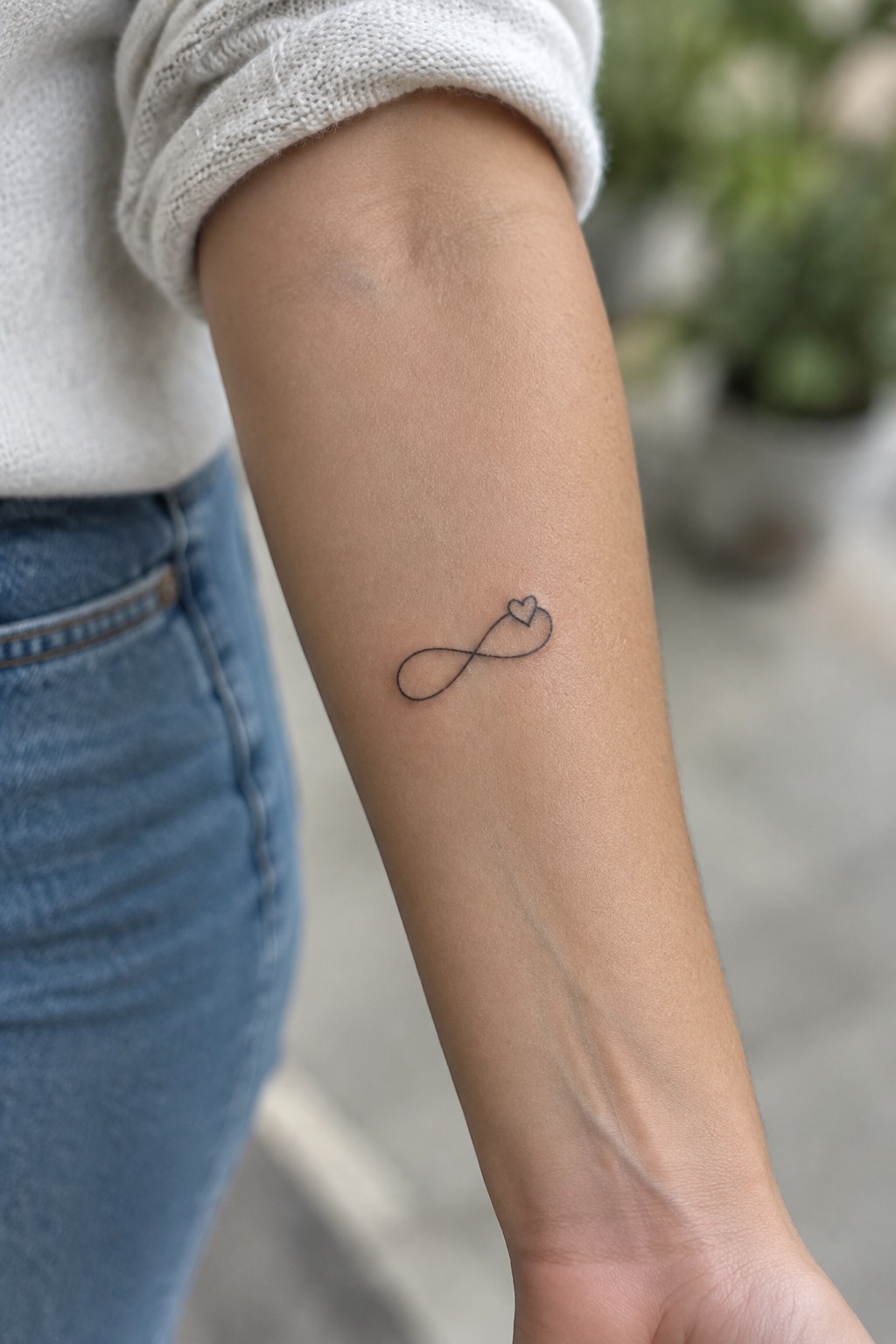 Small fine-line black infinity tattoo with a heart on the outer arm.