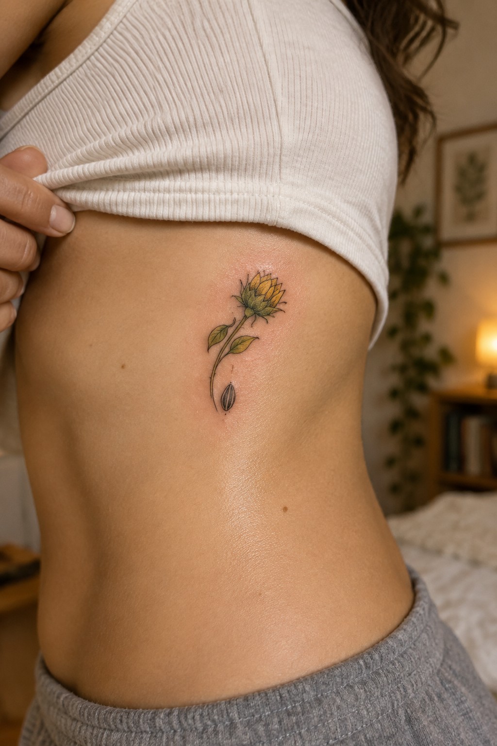 Small fine-line sunflower tattoo with a curved stem and seed detail on a woman’s ribs.