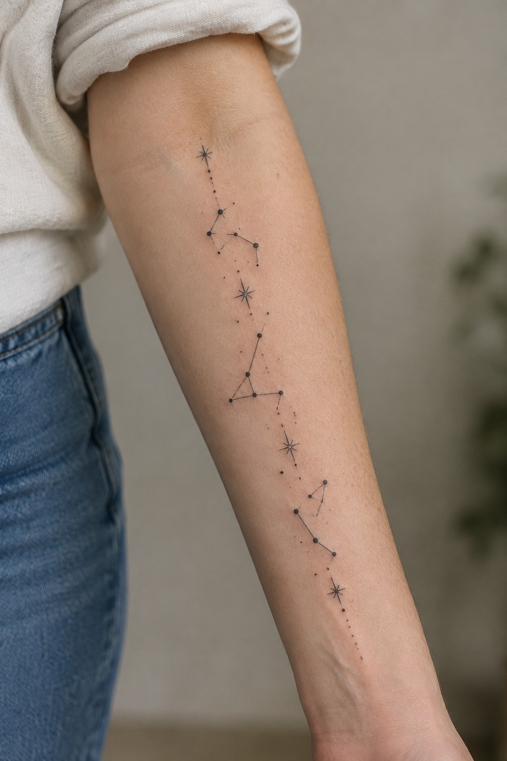 Fine line constellation tattoo with small stars and dotted connections running down a woman’s arm toward her wrist.