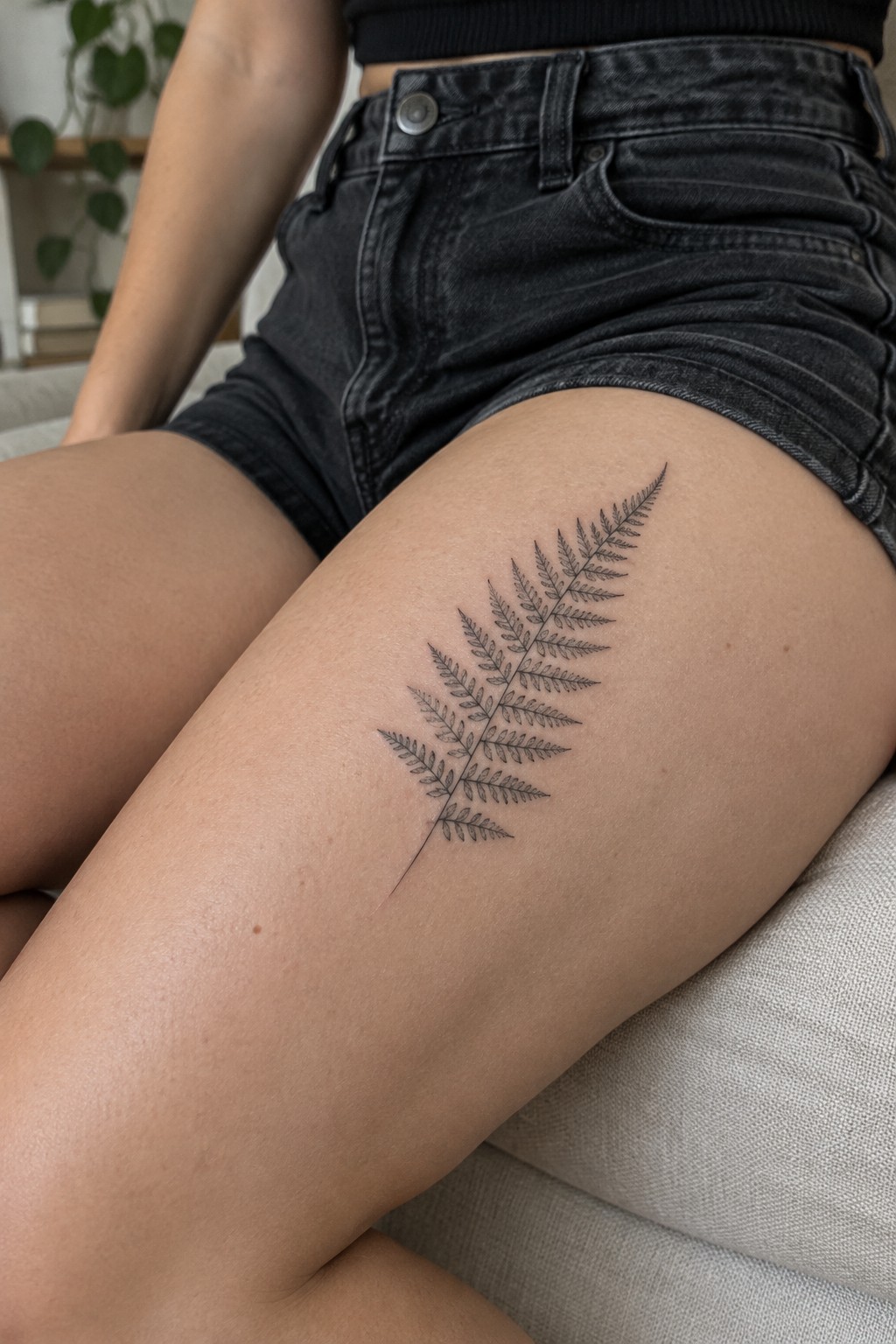 Fine line fern tattoo running diagonally along a woman’s thigh above her knee.