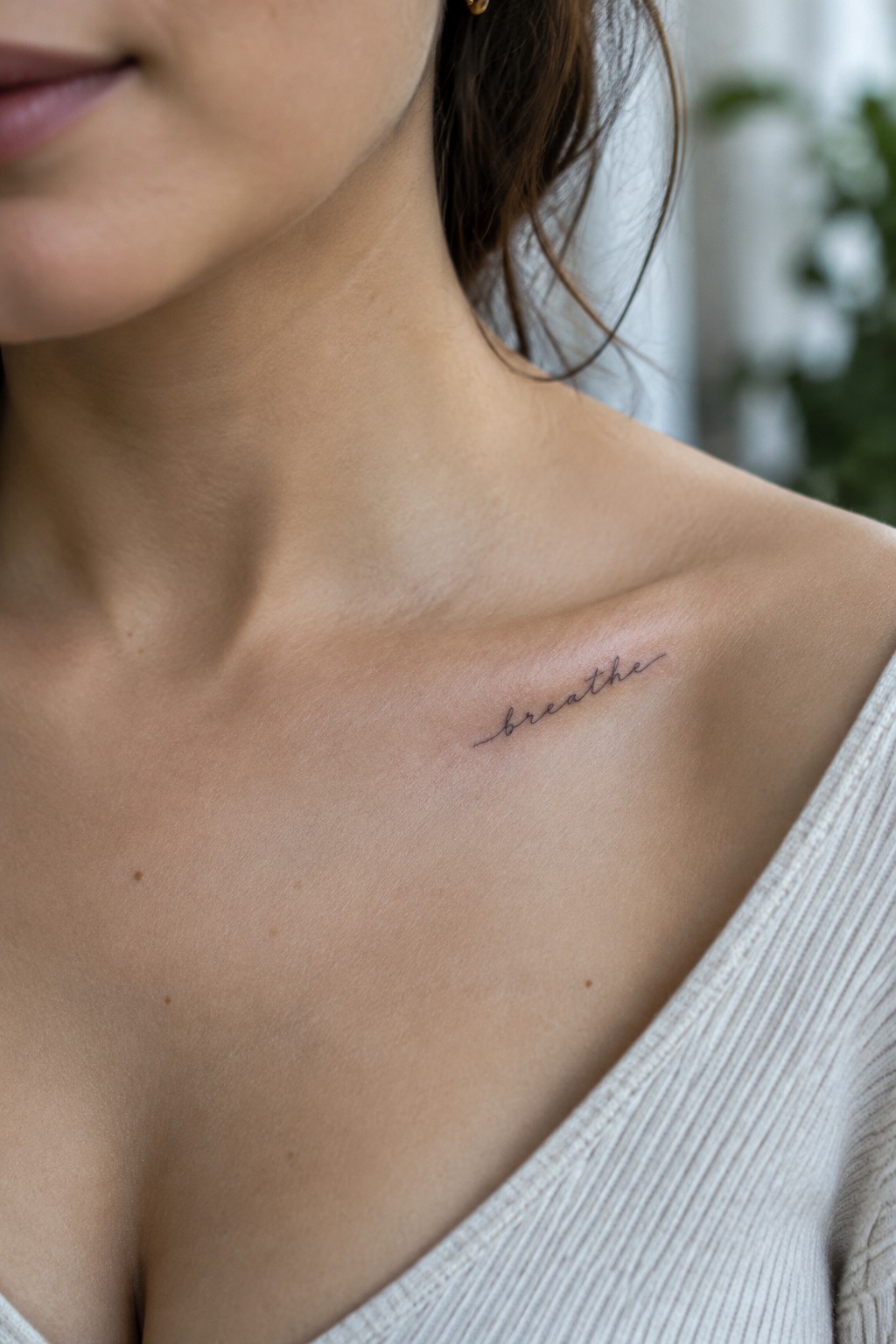 Small fine line cursive tattoo reading “breathe” on a woman’s upper chest just below the collarbone.