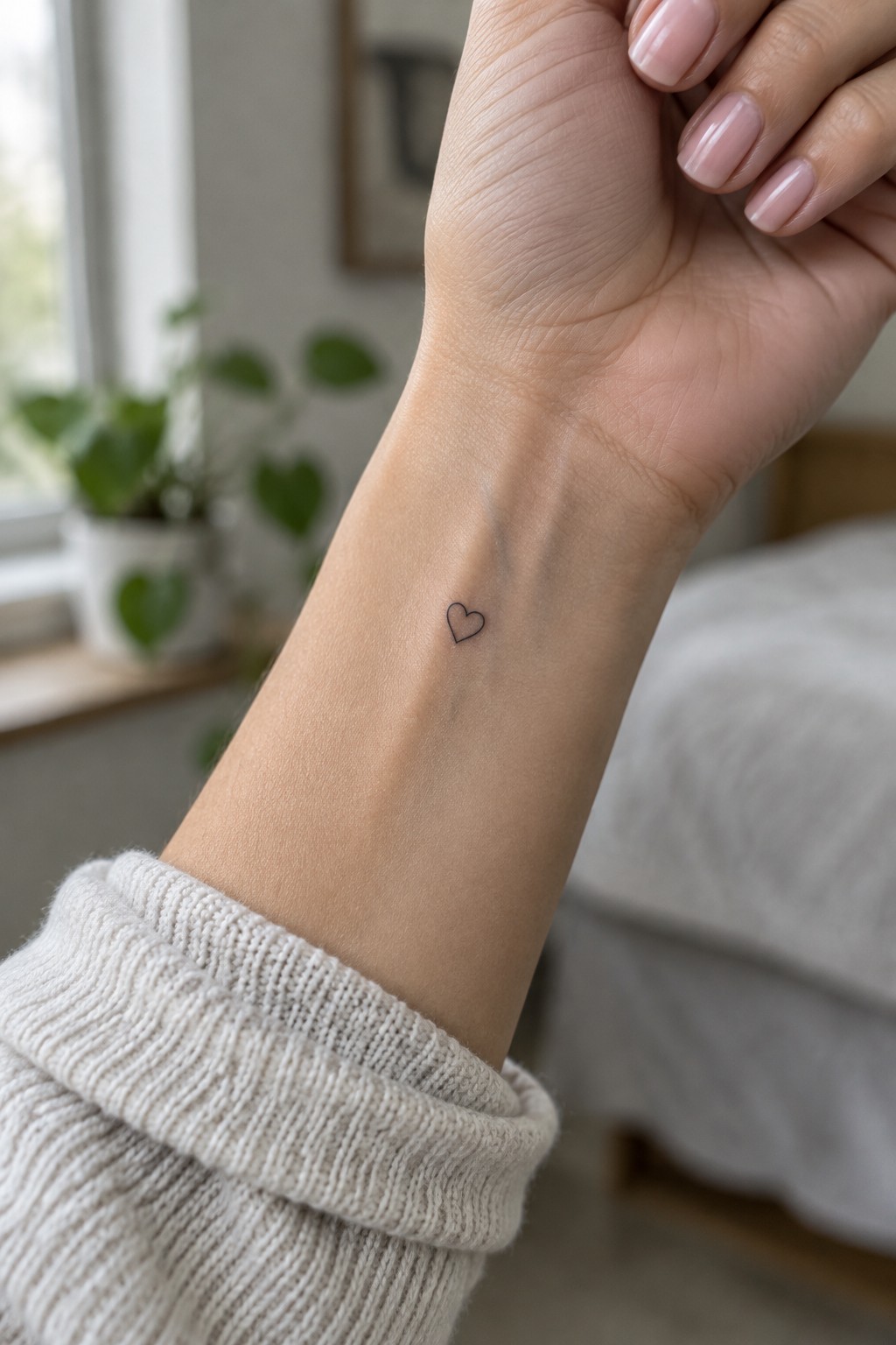 A tiny fine-line outline heart tattoo on the inner wrist.
