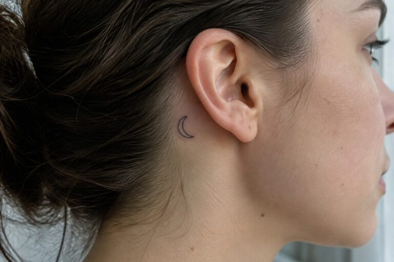 Small fine line crescent moon tattoo behind a woman’s ear.