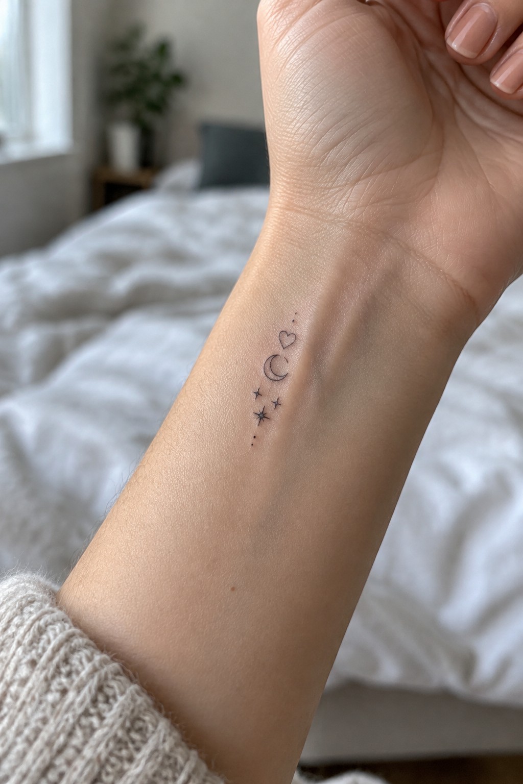 Small fine-line black tattoo of a heart, crescent moon, stars, and dots arranged vertically on the inner wrist.