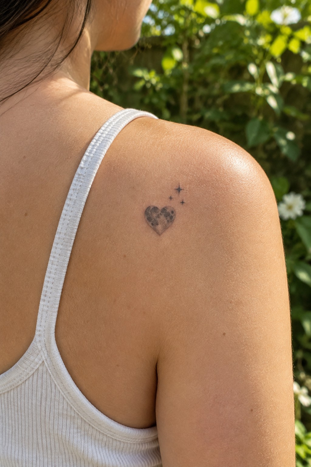 Small shaded heart tattoo with three tiny stars on a woman’s upper shoulder.