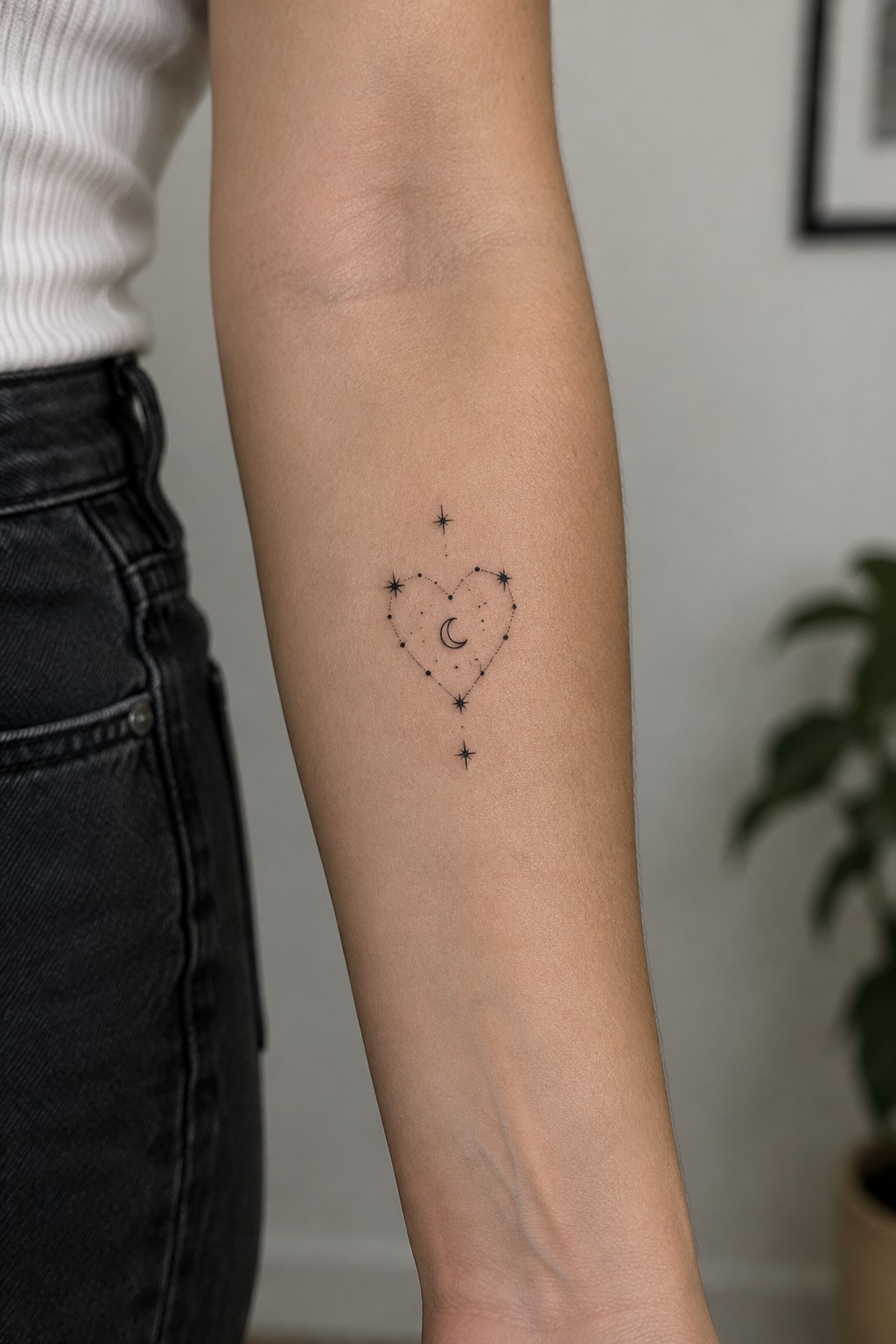 Small black fine-line tattoo of a crescent moon inside a dotted heart-shaped constellation, with starbursts above and below, on the inner forearm.
