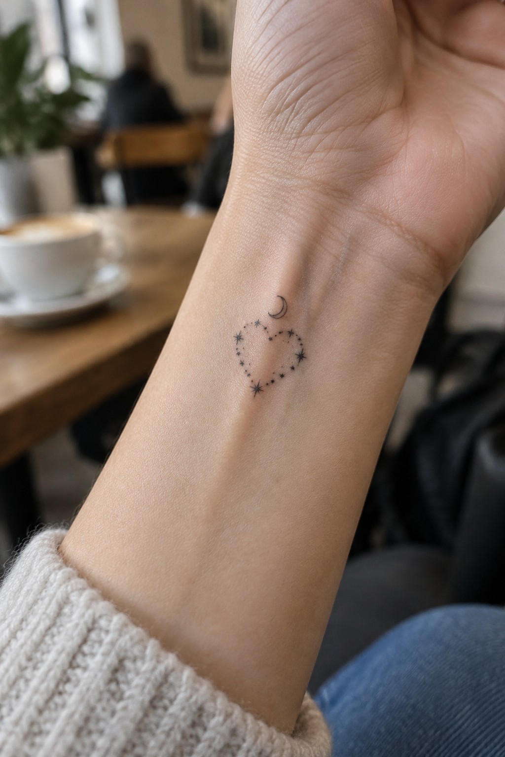 Small black fine-line tattoo of a starry heart and crescent moon on the inner wrist.