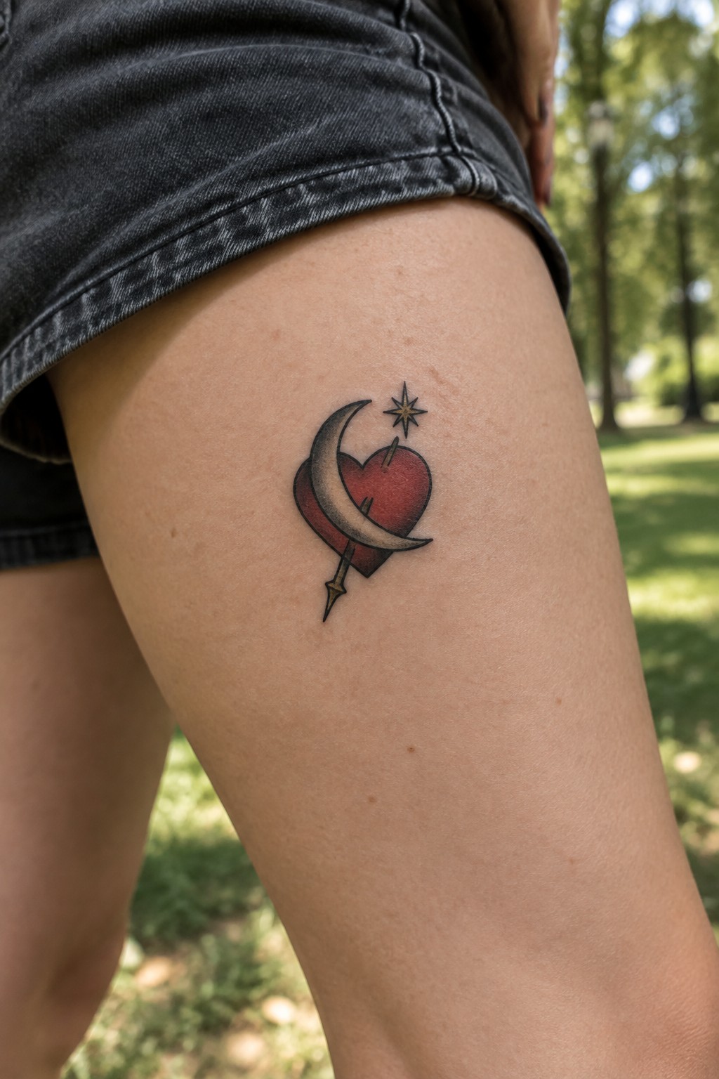 Small red heart tattoo crossed by a crescent moon, with a small star, on the outer thigh.