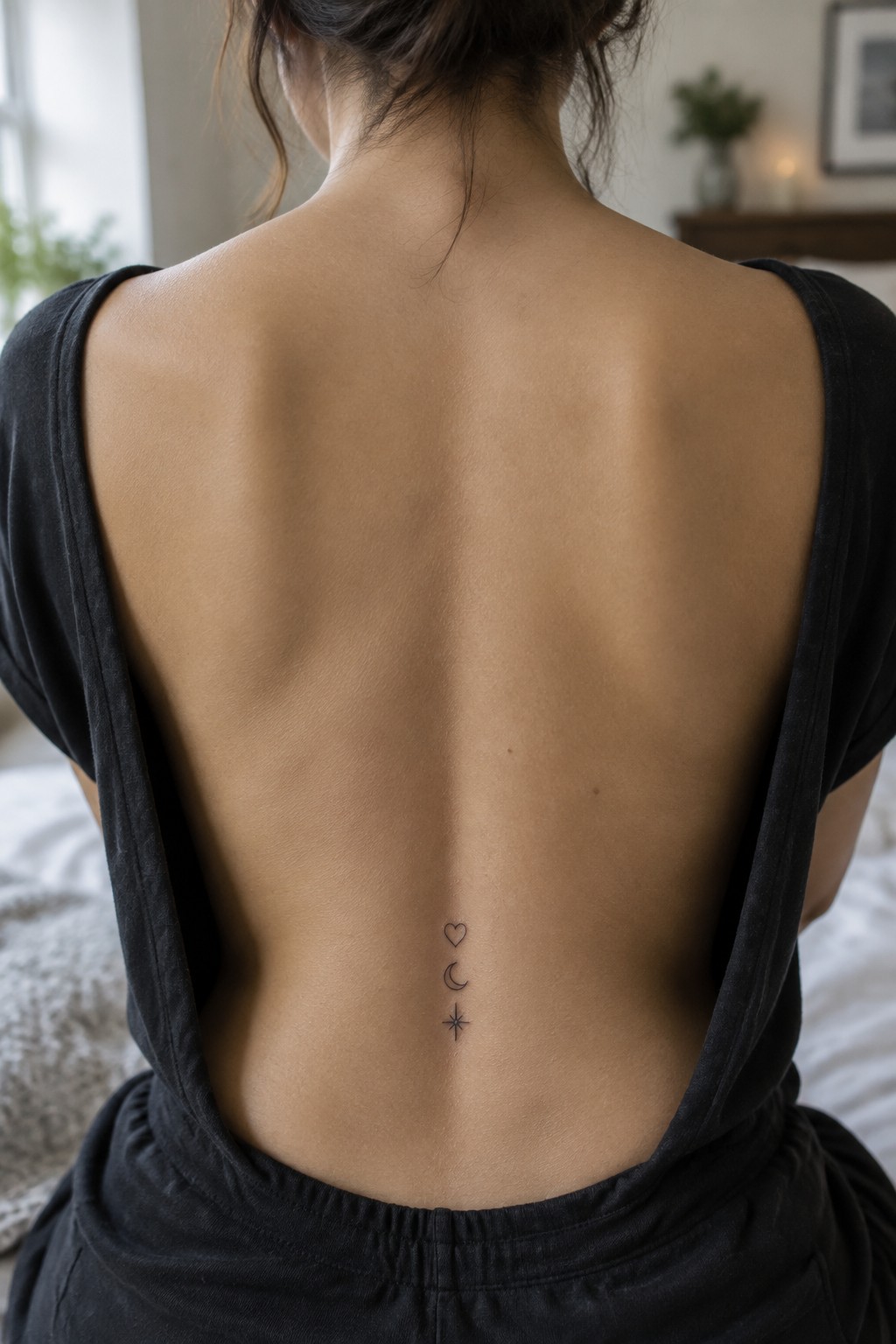 Small fine line heart, crescent moon, and star tattoo arranged vertically at the center of a woman’s lower back.