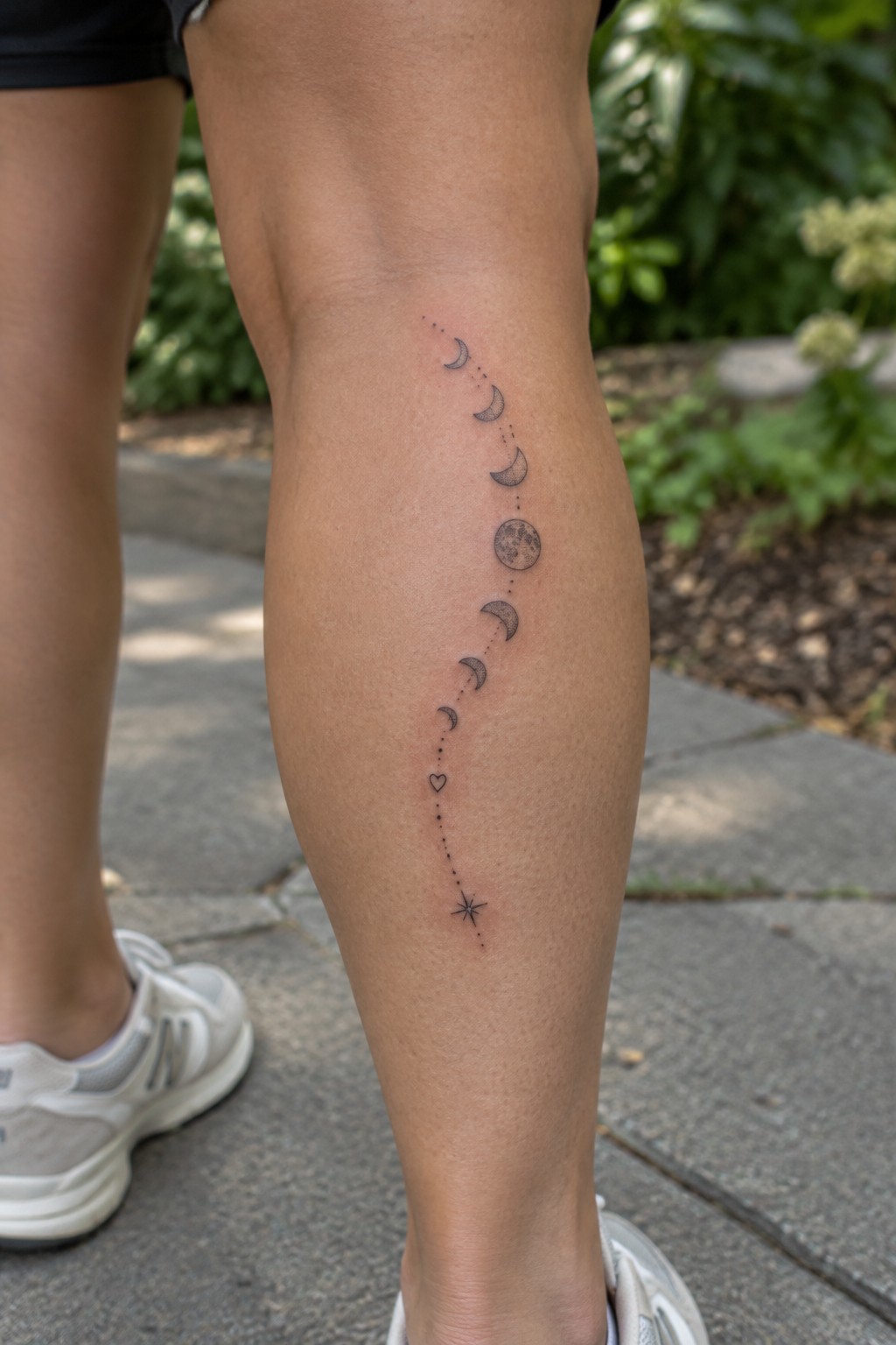Fine line tattoo of moon phases with dotted details, a small heart, and a star arranged vertically on the calf.