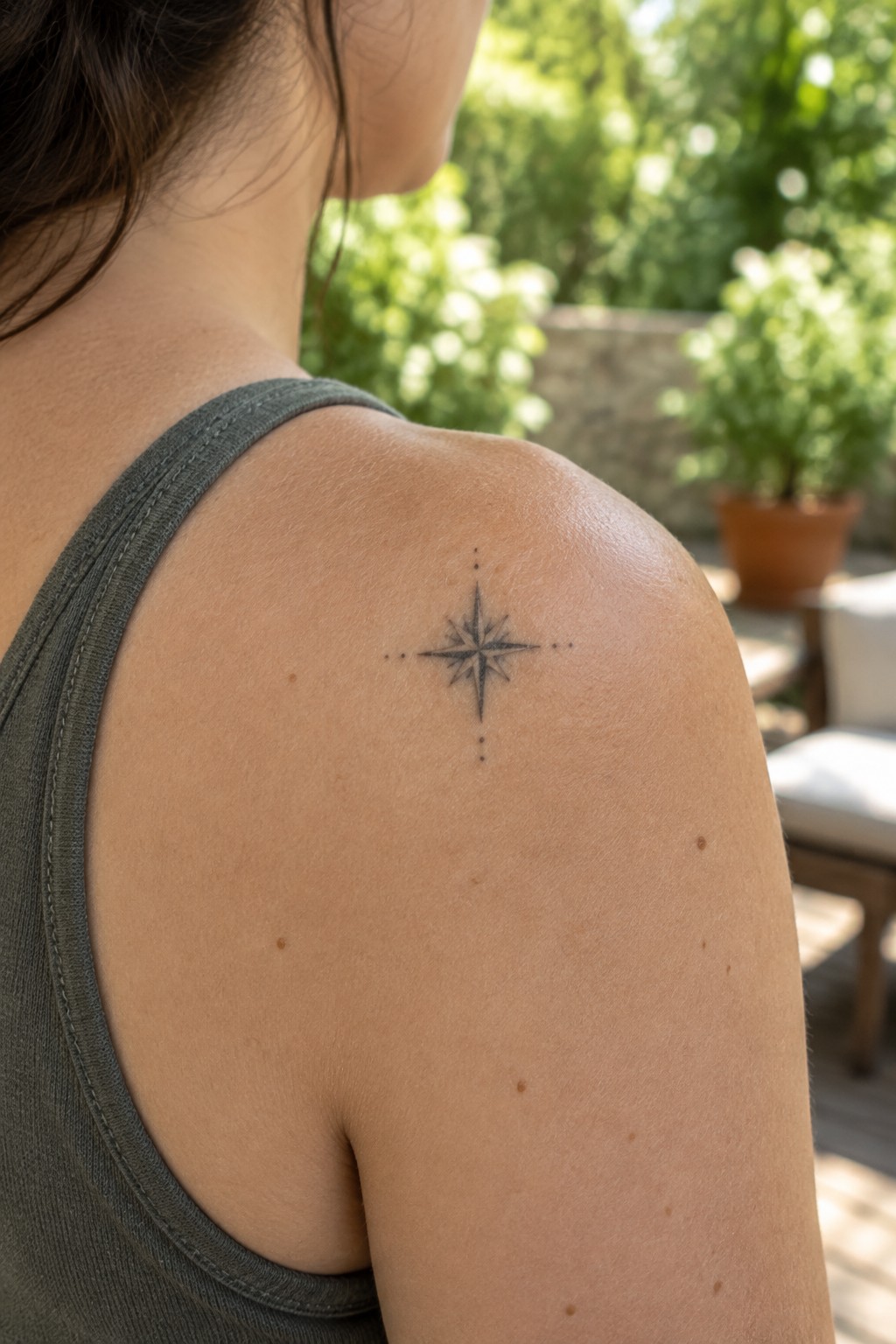 Small fine line compass rose tattoo centered on the upper shoulder