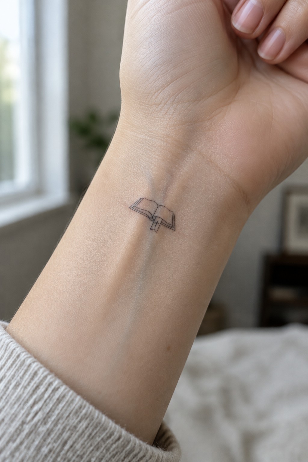 Small open book with cross tattoo on inner wrist above beige sweater cuff