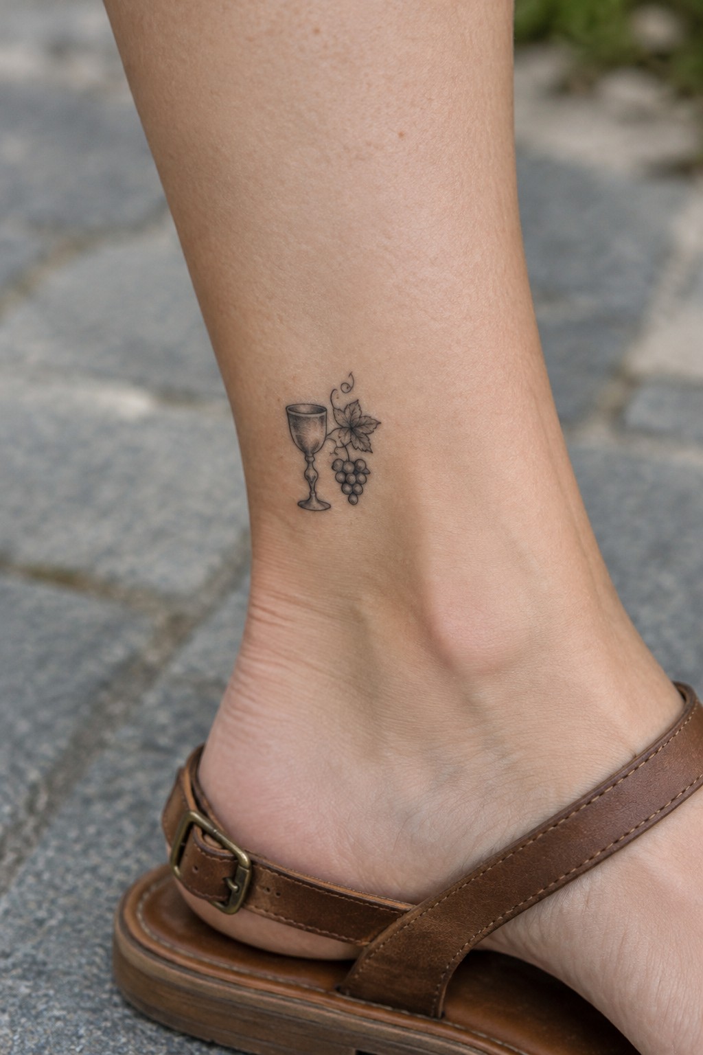 Tattoo of wine glass and grapes on ankle above brown leather sandal on pavement.