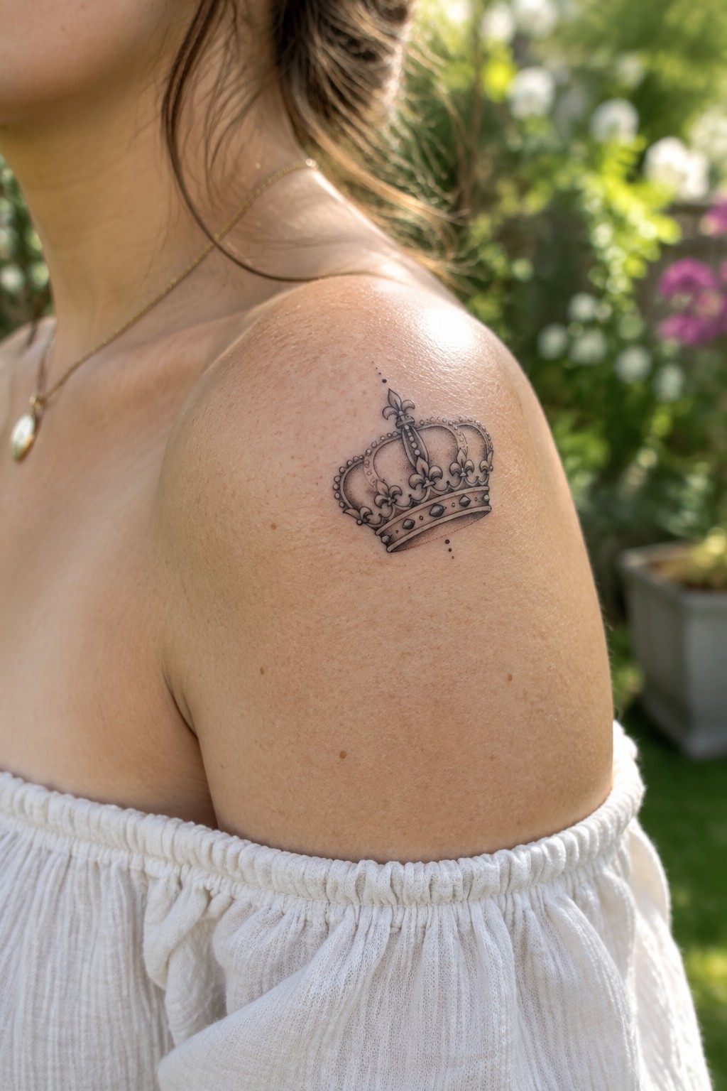 Shoulder with ornate crown tattoo, white off-shoulder top, gold necklace, sunny garden setting.