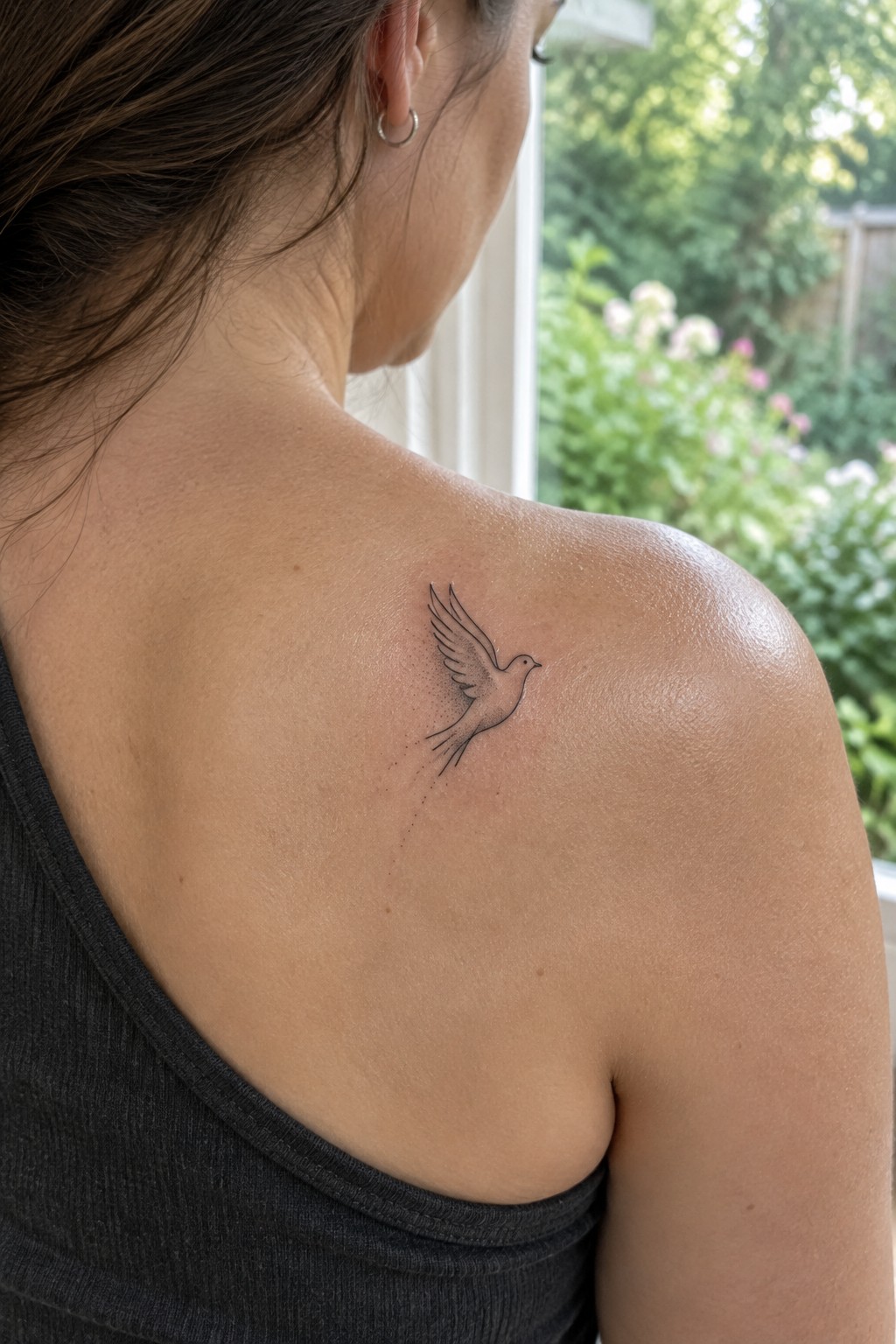 Woman's shoulder with small flying bird tattoo above dark gray tank top, blurred garden background