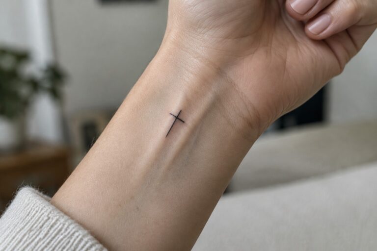 24 Small Jesus Tattoos Focused on Recognizable Biblical Imagery Small black cross tattoo on inner wrist of clenched hand with manicured nails