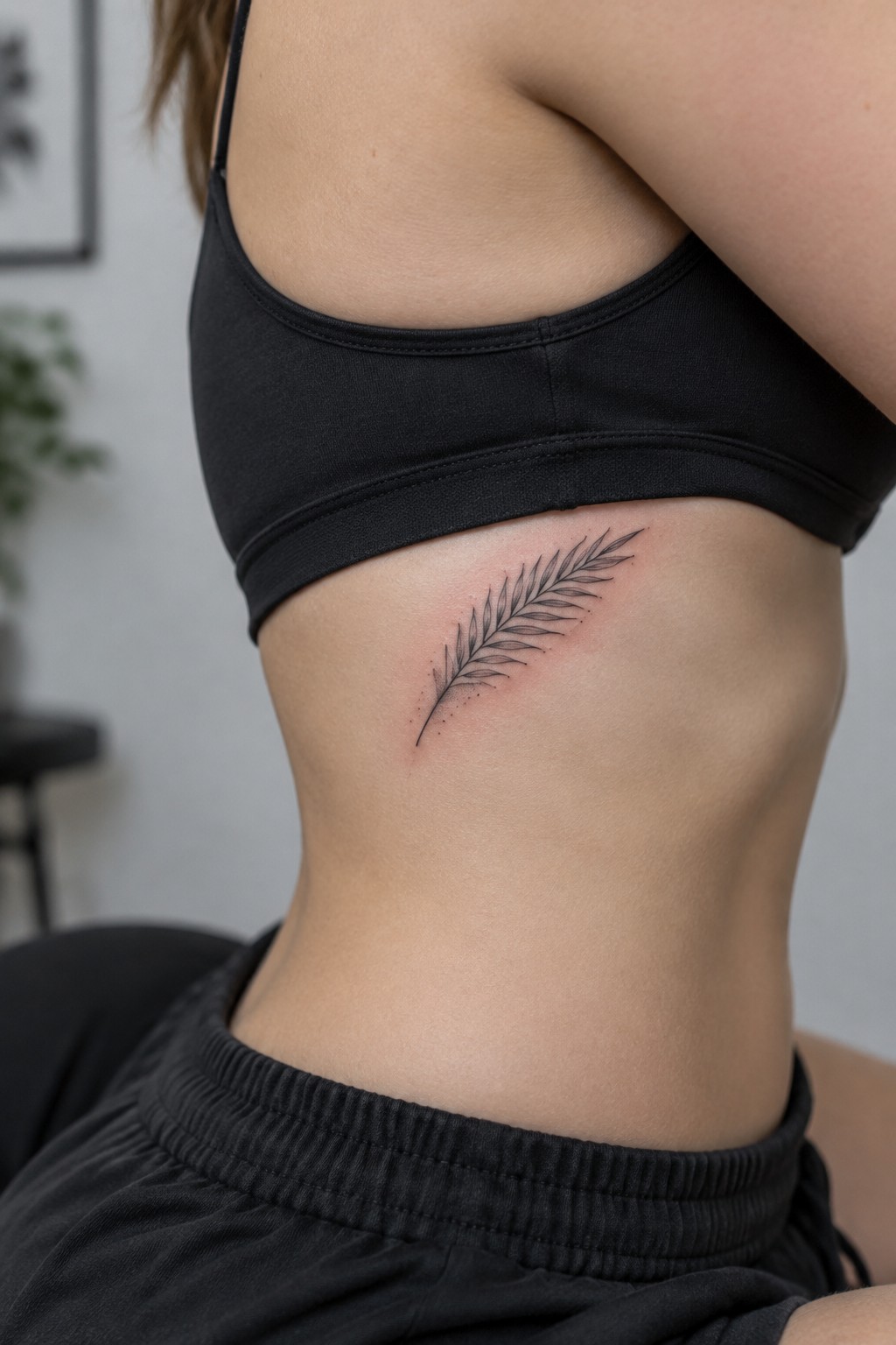 Fine line black ink palm frond tattoo on the side of the ribcage under the arm, small scale with delicate leaves and dotted base.