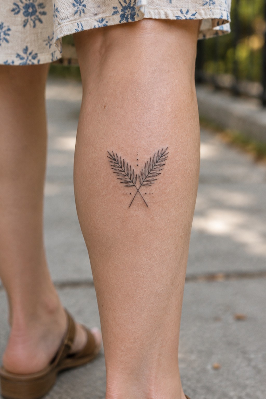 Crossed fern tattoo on leg below blue floral skirt and brown sandal