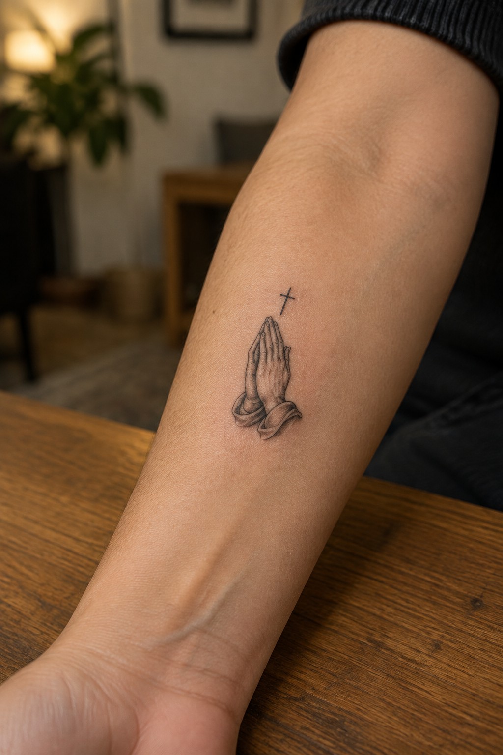 Small black and gray tattoo of praying hands with a cross above on the inner forearm