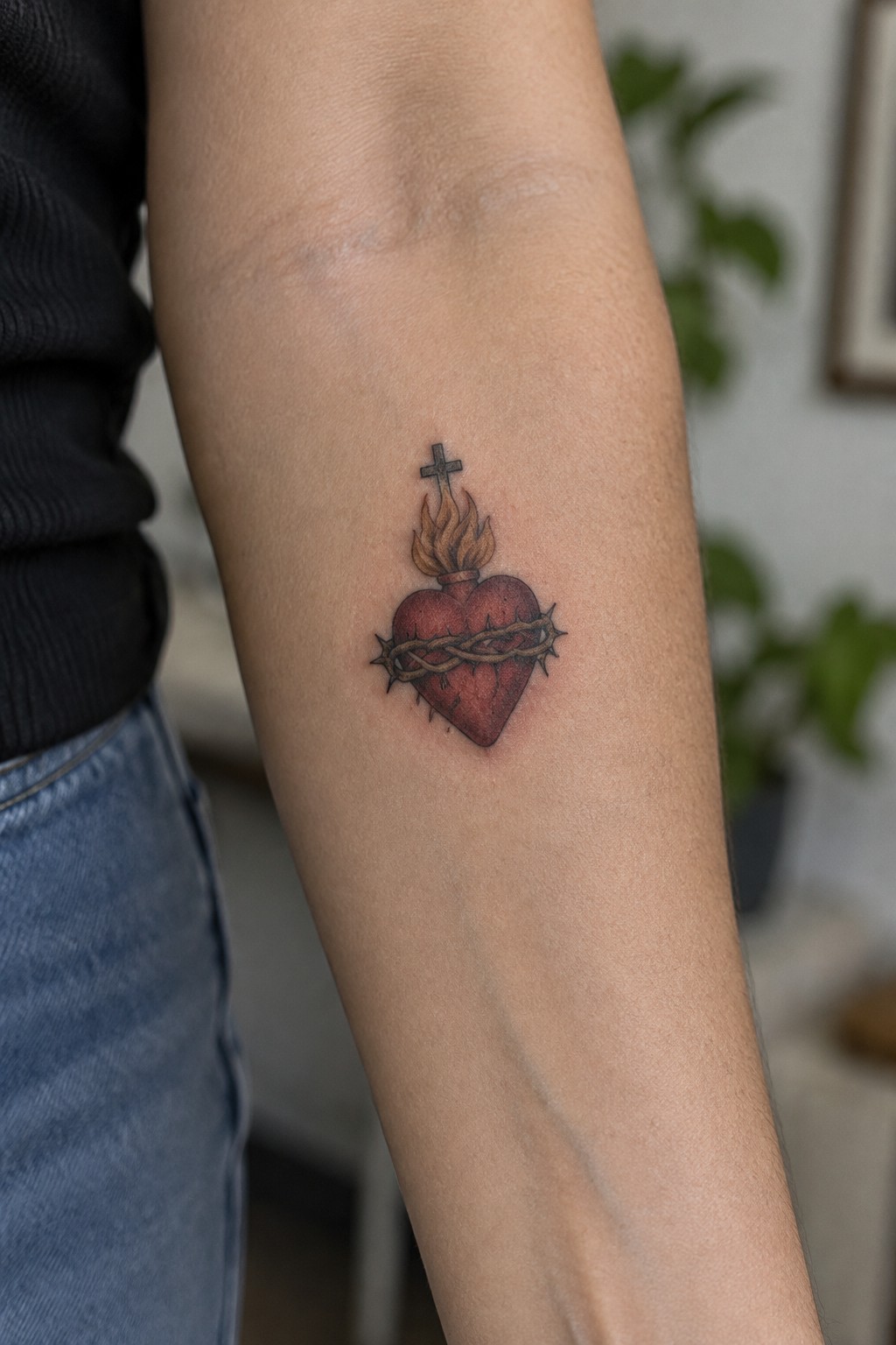 Small sacred heart tattoo with crown of thorns, flames, and cross placed on the inner forearm in realistic style