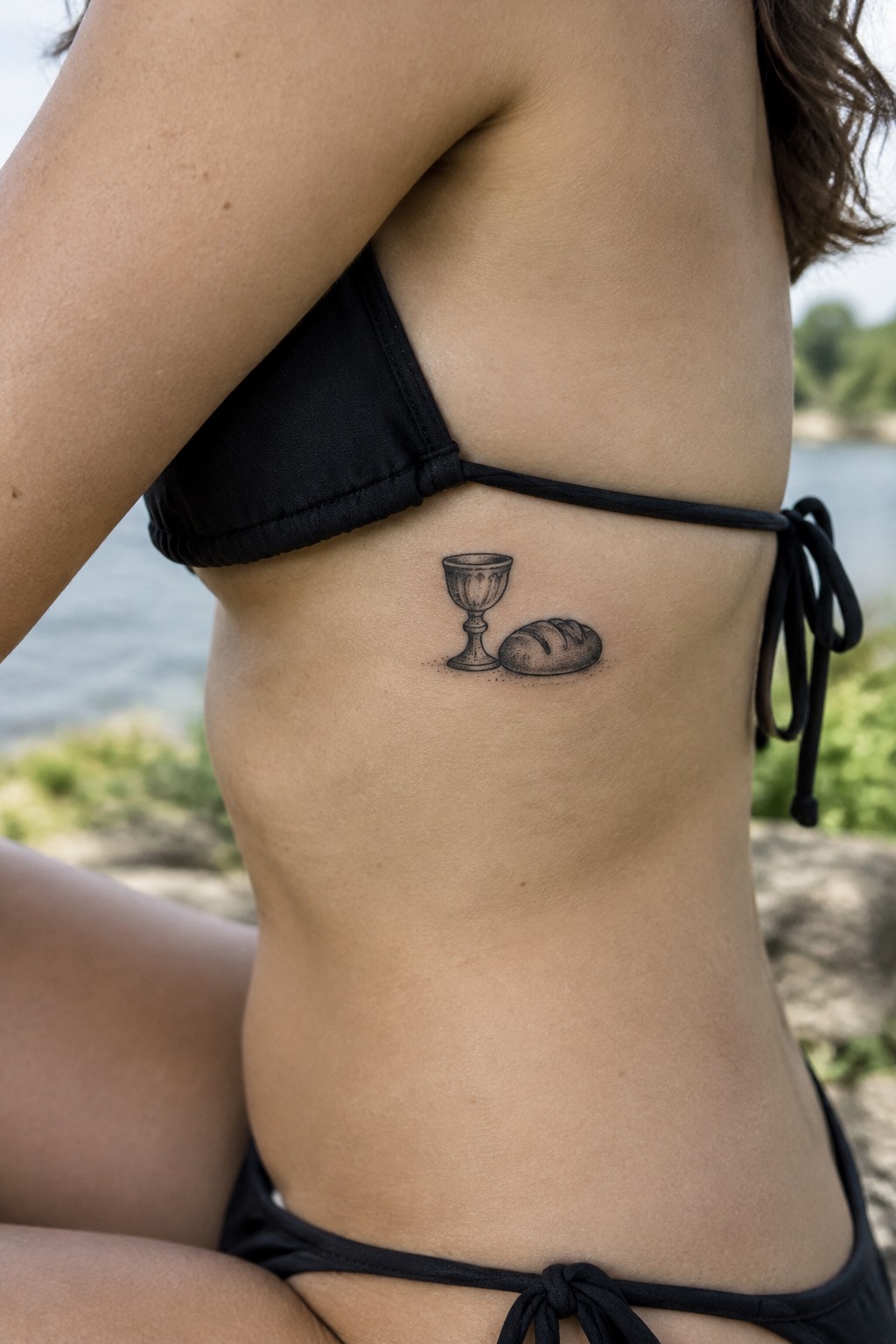 Black bikini with chalice and bread tattoo on torso by water